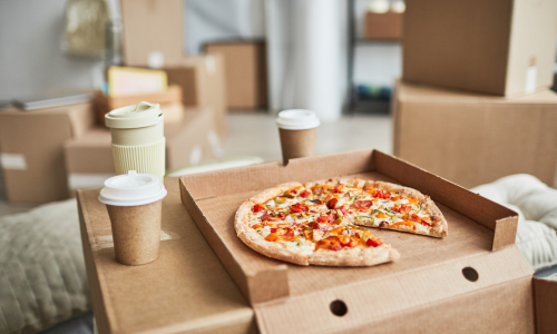 Pizza and moving boxes